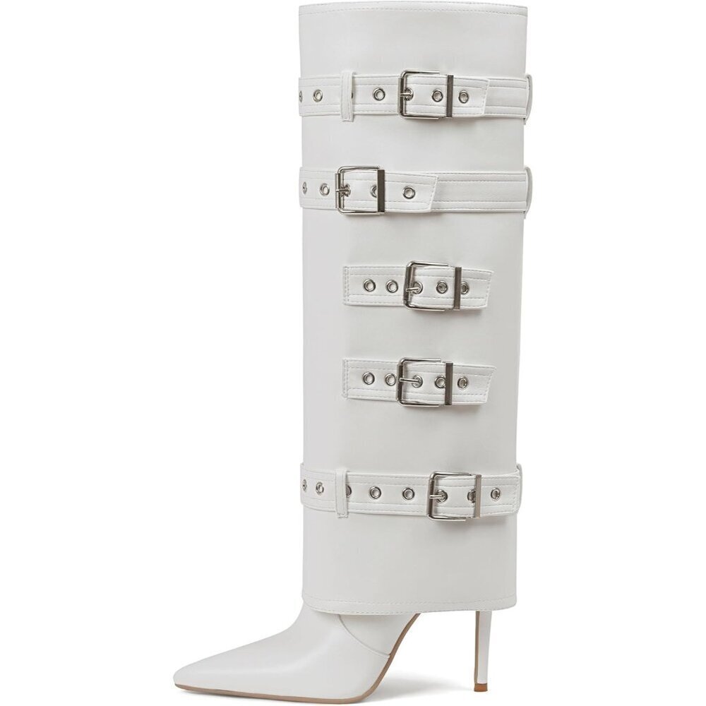 Women White Fold Over Leather Long Buckle Slouchy Pointed Toe Stiletto Heel Boot